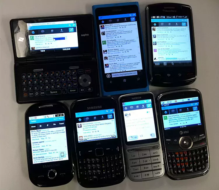 Fotos de vários celulares, de várias marcas e com vários tamanhos de telas acessando o Twitter
