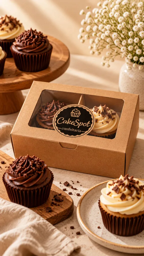 Caixa de bolo personalizada com a identidade visual da Cake Spot