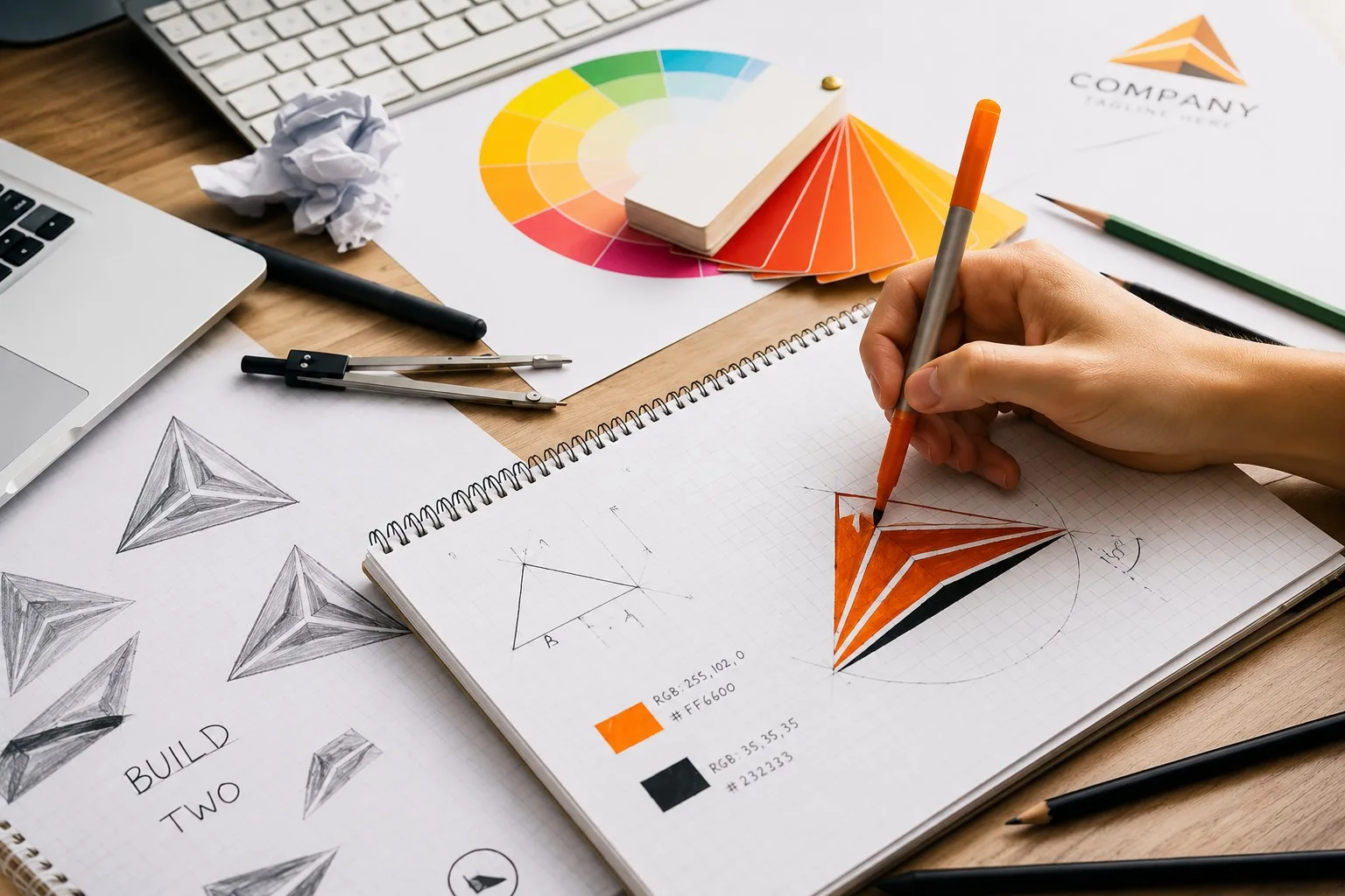 Designer gráfico criando logomarca profissional com esboços, paleta de cores e elementos de identidade visual