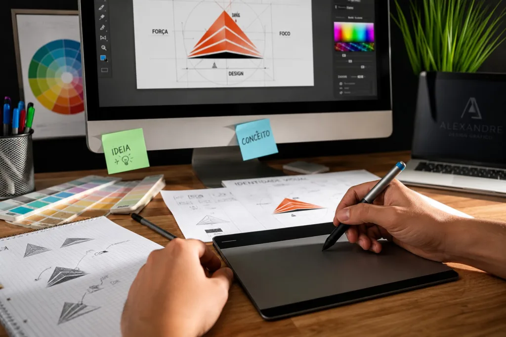 Designer gráfico criando logomarca profissional em mesa de trabalho com tablet, monitor e elementos de identidade visual