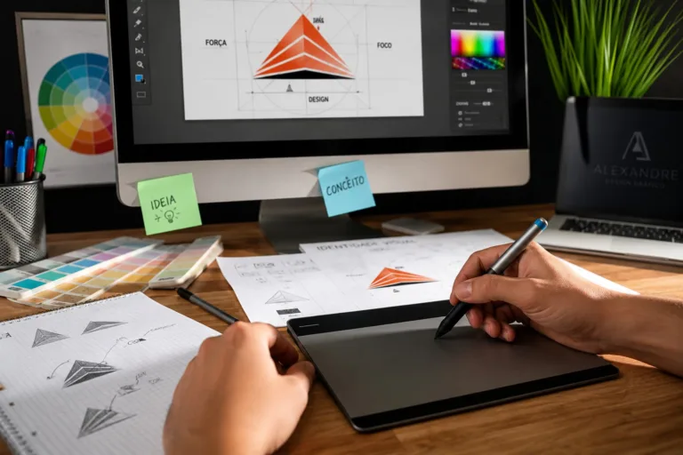 Designer gráfico criando logomarca profissional em mesa de trabalho com tablet, monitor e elementos de identidade visual