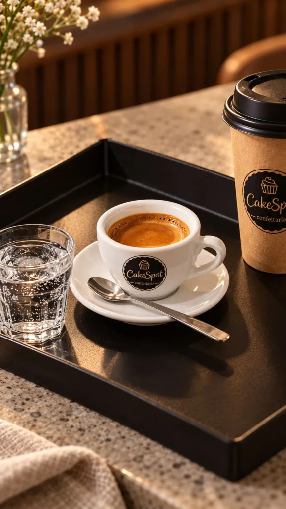 Ambiente de confeitaria com identidade visual e aplicações da marca Cake Spot