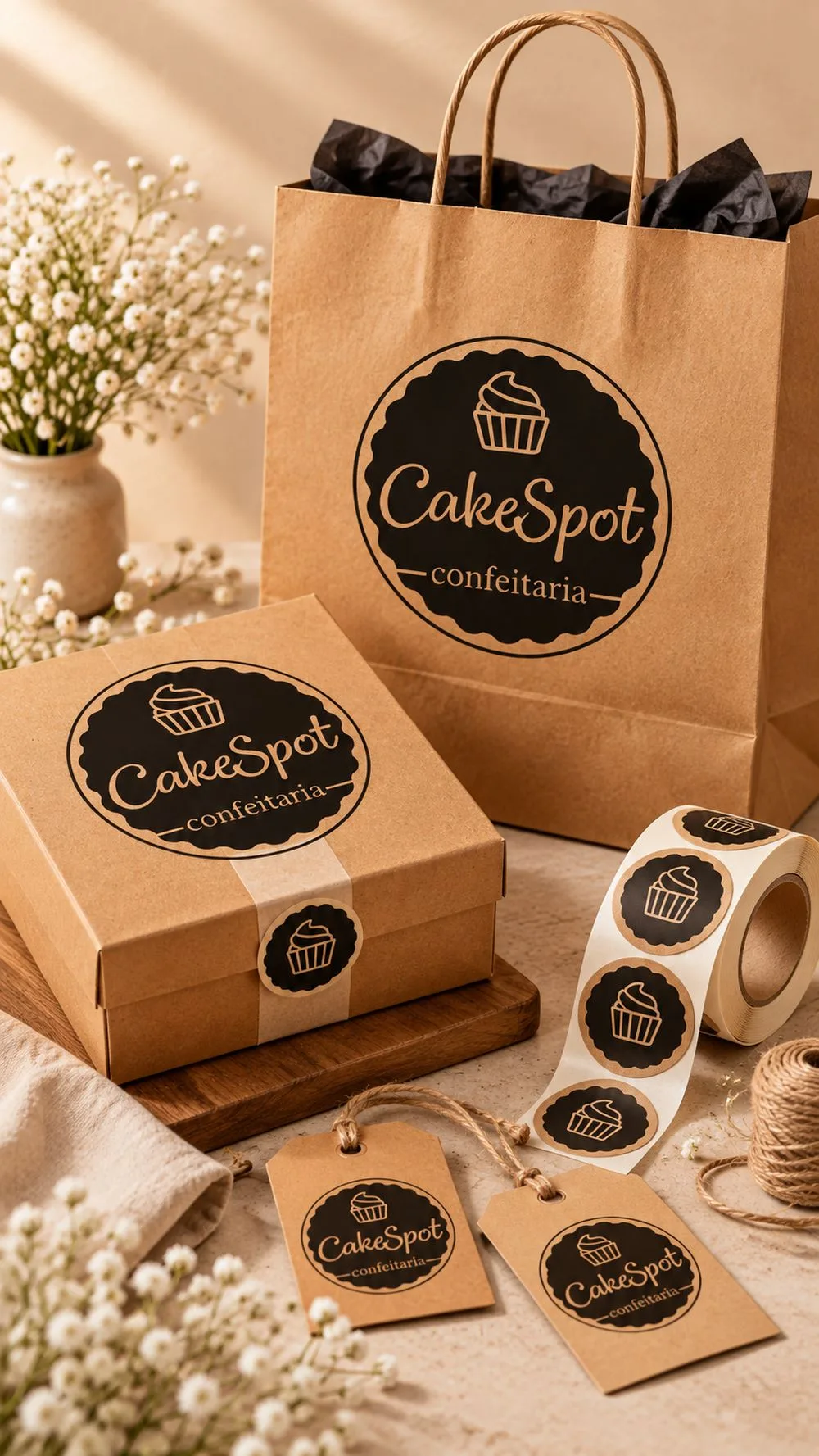 Identidade visual da Cake Spot aplicada em embalagens e produtos de confeitaria
