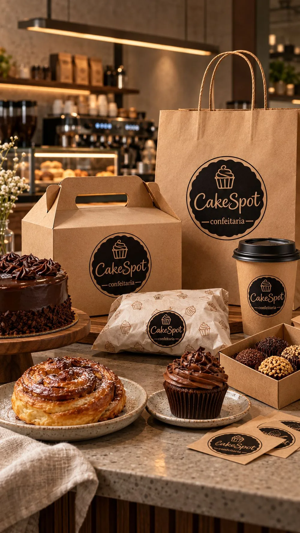Identidade visual da confeitaria Cake Spot com logo, cores e elementos gráficos