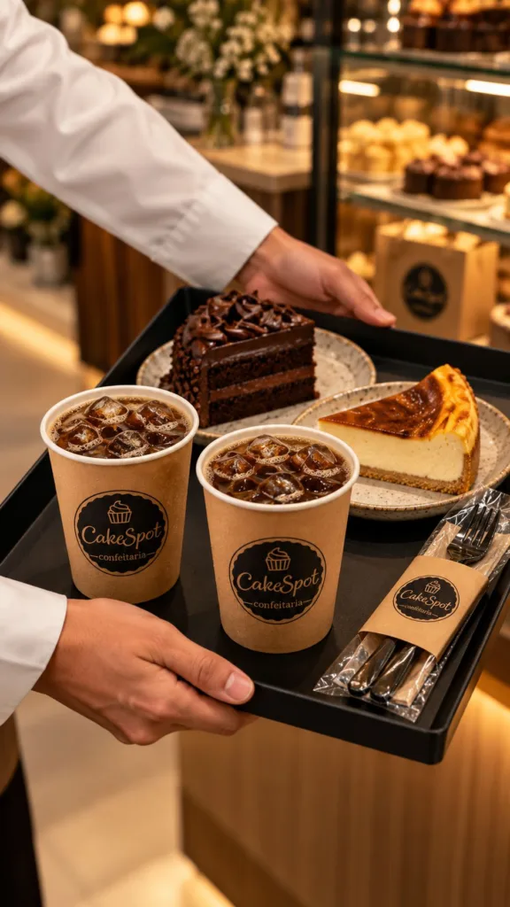 Café e doce apresentados com embalagens personalizadas da Cake Spot