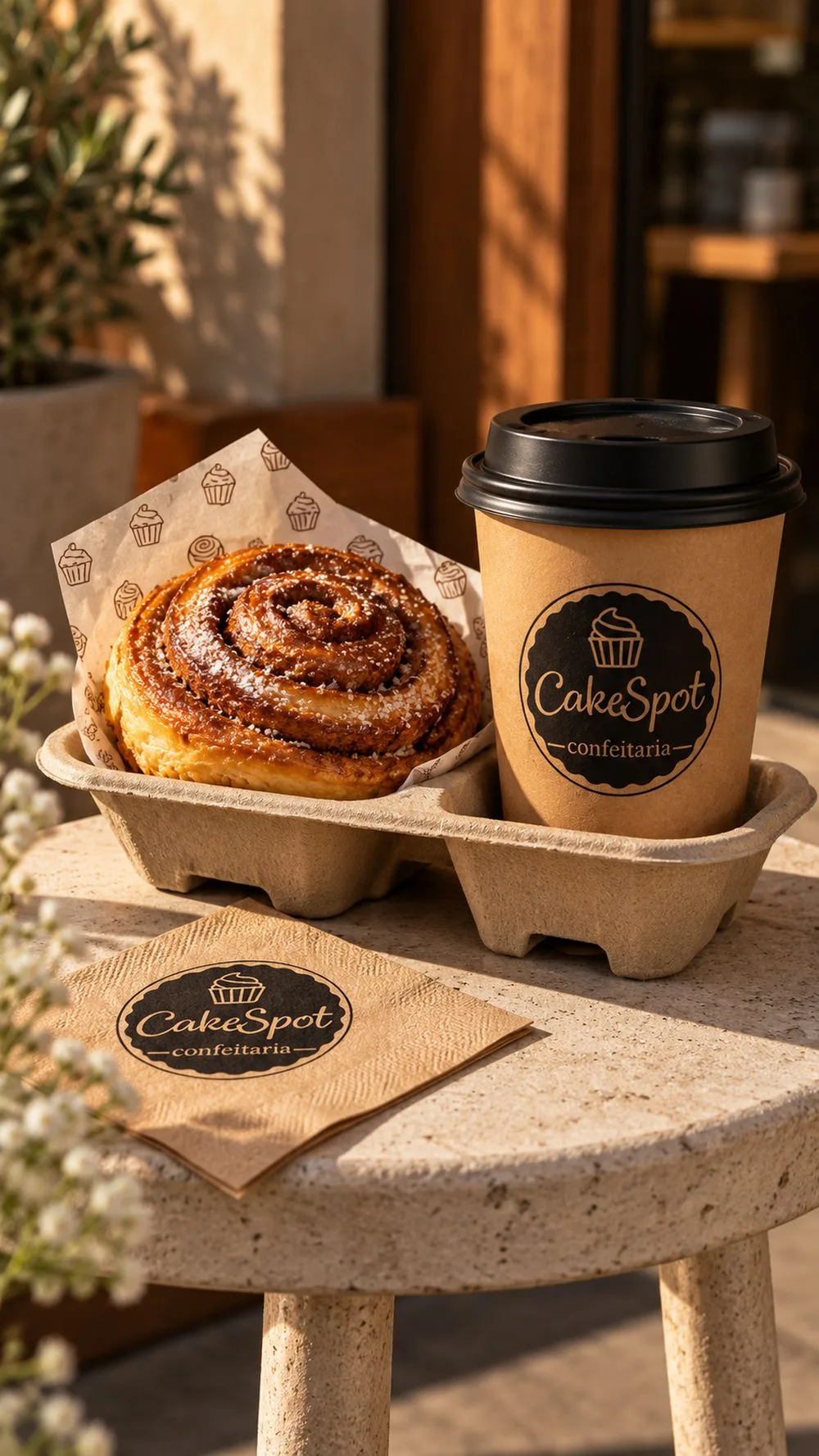Logo da Cake Spot aplicado em caixa, etiquetas e materiais de embalagem
