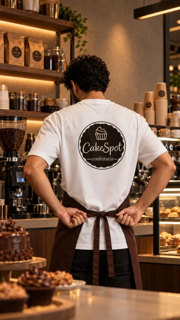 Uniforme de atendente com aplicação da logomarca Cake Spot