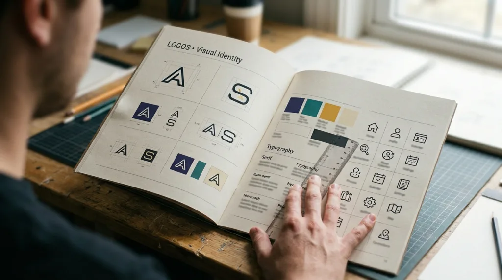 Manual de identidade visual com logotipo, paleta de cores e ícones personalizados