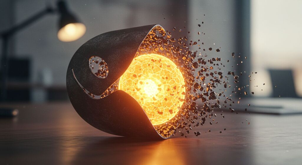 Imagem conceitual representando a alma de uma marca como um núcleo brilhante e complexo, revelado por trás de um logotipo parcialmente visível, ilustrando a profundidade do branding estratégico