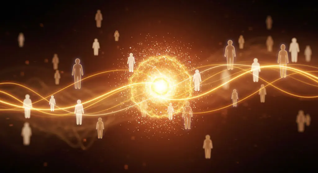 Representação artística da alma de uma marca conectando-se emocionalmente com silhuetas de pessoas, simbolizando confiança e lealdade