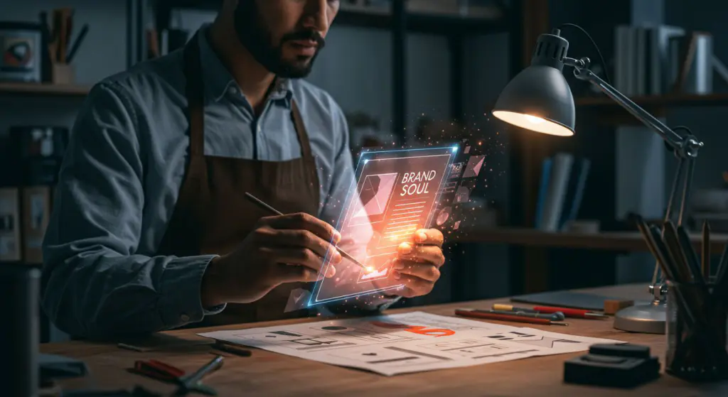 Conceito visual da estratégia de branding (alma da marca) guiando a criação de elementos da identidade visual como cores e tipografia