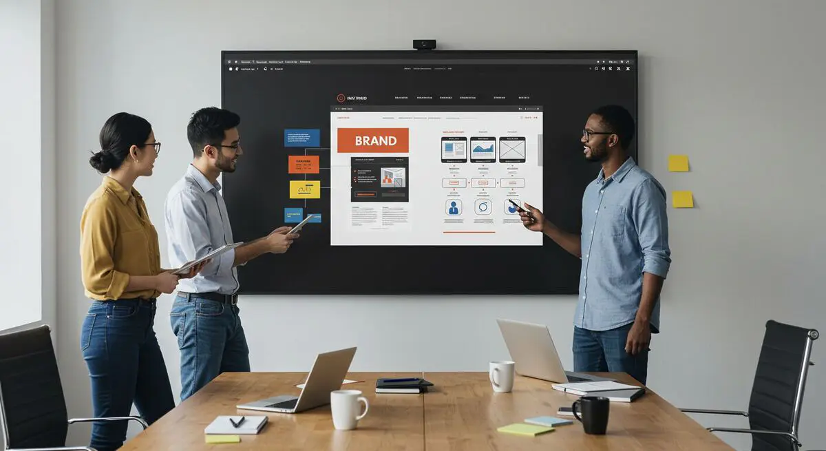 Close-up de designer ajustando paleta de cores e tipografia para branding digital em tela de computador