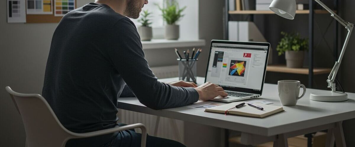 Designer casual de óculos trabalhando em laptop em um home office organizado, visto em perspectiva lateral traseira.