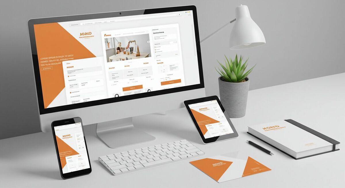 Espaço de trabalho mostrando consistência visual em vários canais: monitor com site de marca, tablet com app, smartphone com post social e material impresso ao lado, destacando dicas práticas para manter identidade visual coesa em digital e impresso.