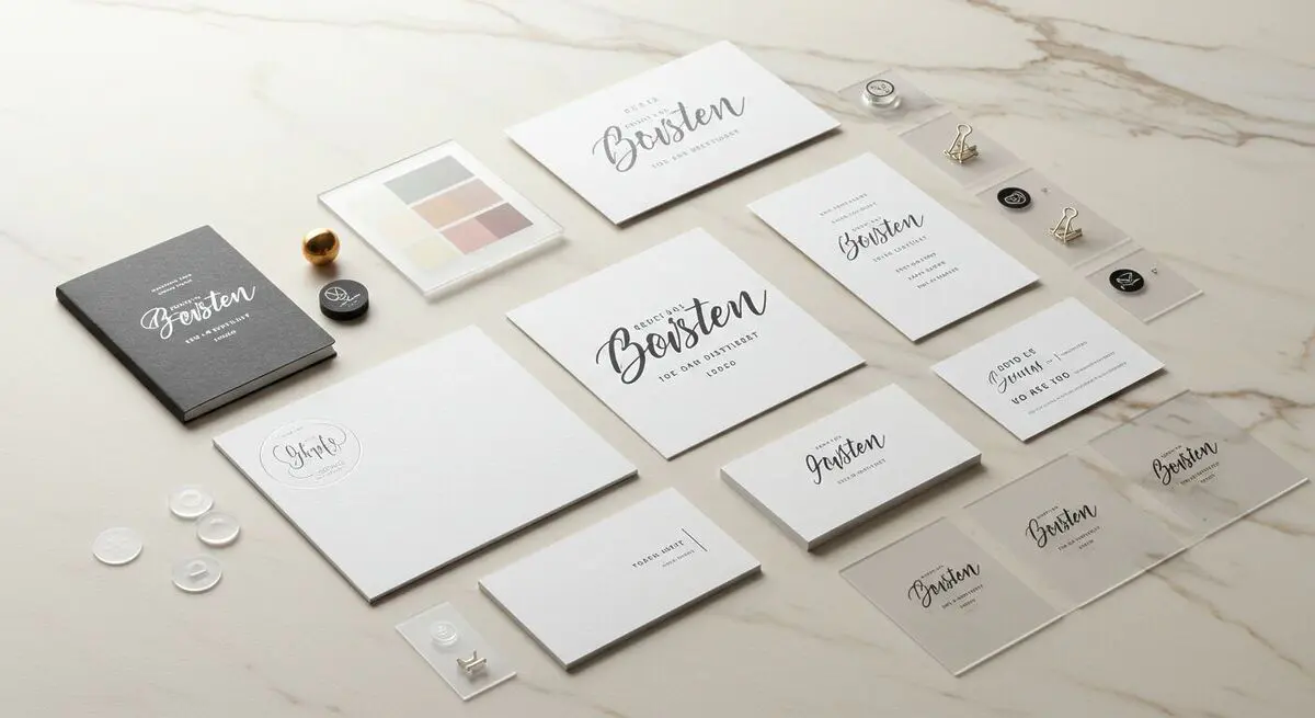 Flat lay de um sistema de identidade visual com paleta de cores, tipografia personalizada, logo impresso em papel de alta qualidade e cartões de visita, mostrando a importância de uma identidade visual coesa para marcas.