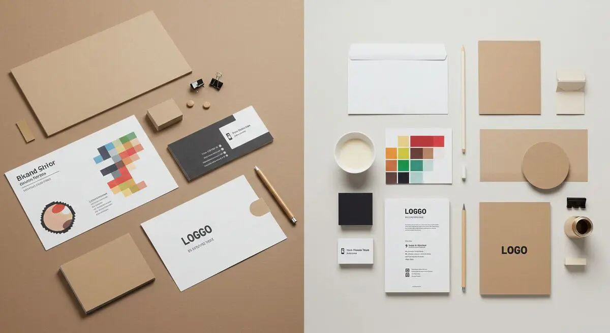 Imagem dividida ao meio mostrando à esquerda um design de marca com cores conflitantes e tipografia inadequada, e à direita a versão corrigida com paleta harmoniosa e fonte consistente, ilustrando erros comuns na identidade visual e como evitá-los.