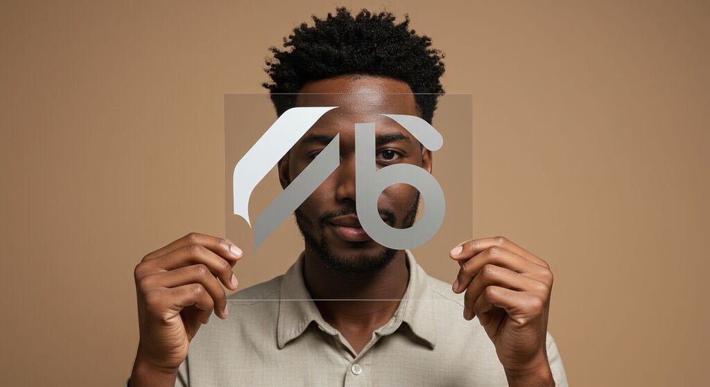 Designer gráfico segurando um overlay translúcido de logo moderno em frente ao rosto, ilustrando o conceito de identidade visual e branding para empresas.