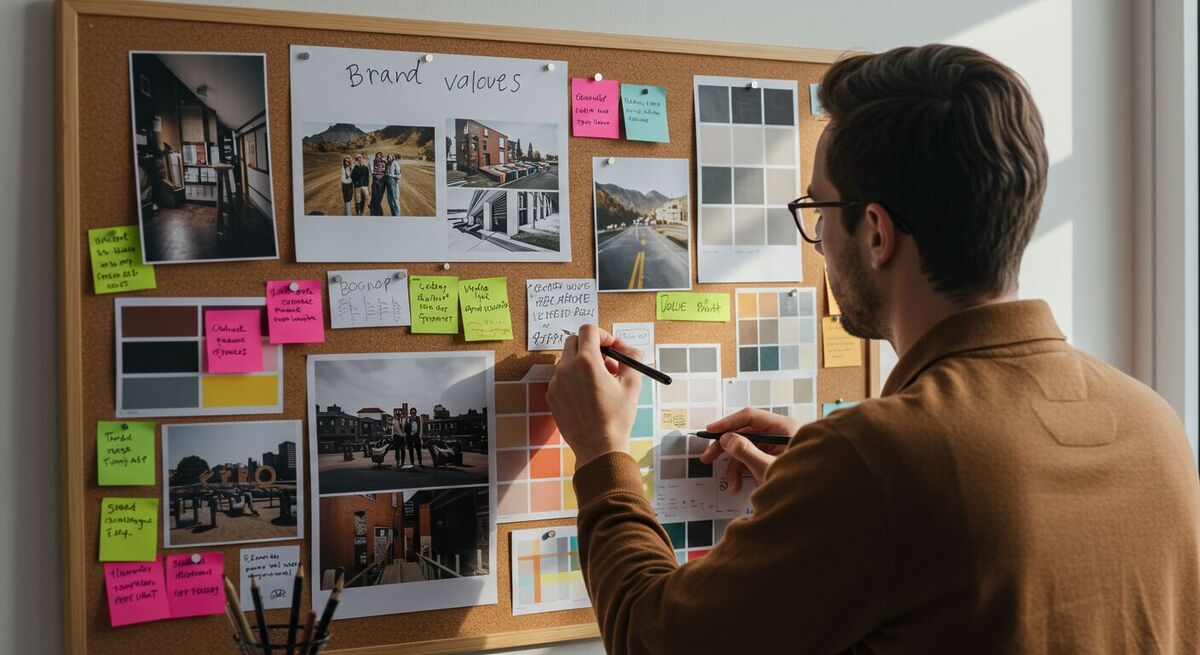 Cenário de estúdio com designer criando um mood board em quadro de cortiça cheio de fotografias, amostras de tinta e notas escritas, demonstrando como traduzir valores de marca em imagens e cores.