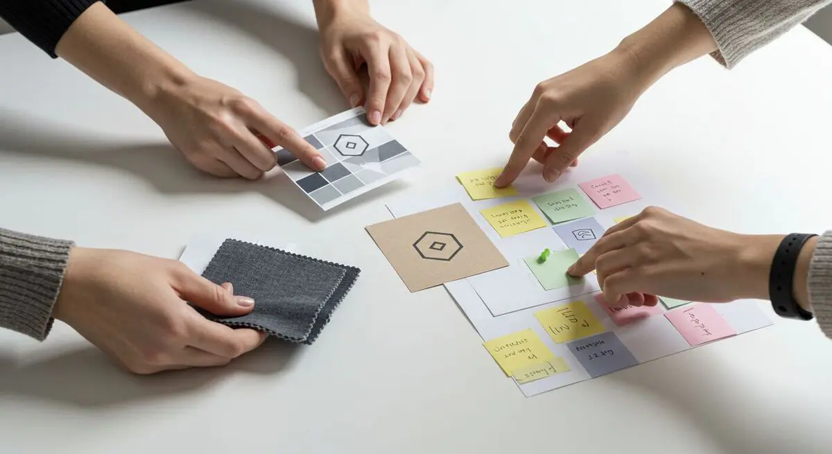 Close-up de três mãos interagindo: uma com amostra de tecido colorido, outra segurando cartão de papel texturizado com logo, e a terceira colocando post-it em quadro de referências visuais