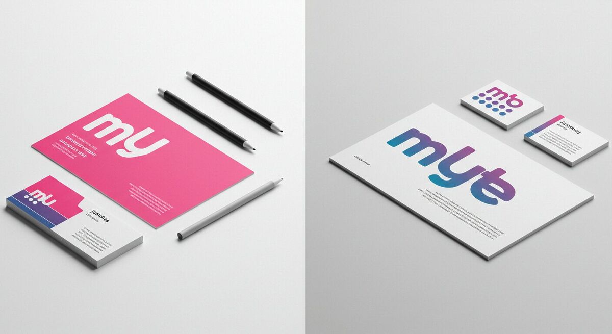Dois mockups lado a lado em fundo branco: à esquerda, cartão de visita com cores e tipografia desalinhadas; à direita, versão corrigida com cores consistentes e tipografia harmônica