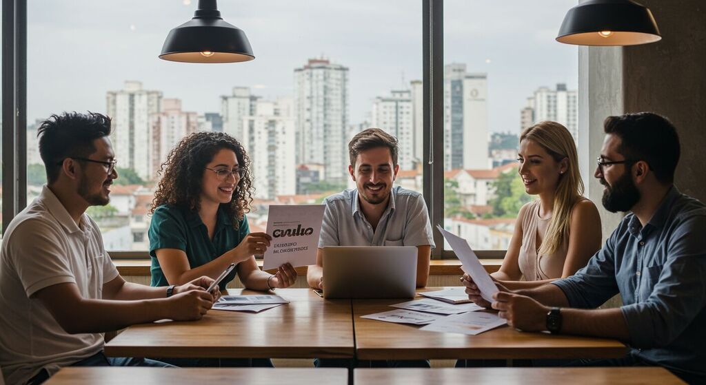 Equipe diversa de empreendedores de Belo Horizonte reunida em um café estiloso, com skyline de BH ao fundo, discutindo provas de logo e estratégia, sorrindo em ambiente casual-profissional iluminado por luz suave.