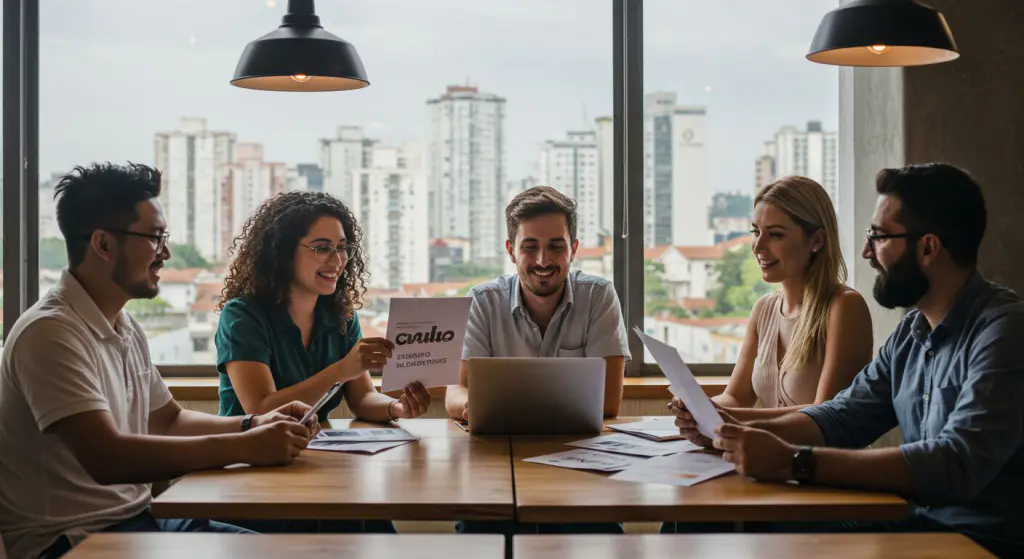 Equipe diversa de empreendedores de Belo Horizonte reunida em um café estiloso, com skyline de BH ao fundo, discutindo provas de logo e estratégia, sorrindo em ambiente casual-profissional iluminado por luz suave.