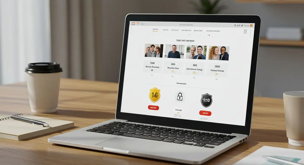 Close-up de um notebook exibindo um site com elementos de confiança como depoimentos e selos de segurança, sobre mesa organizada com iluminação natural.
