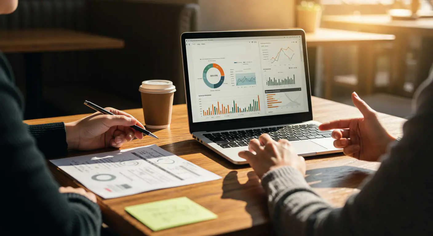 Cena espontânea de ambiente de marketing com notebook aberto em métricas de conversão, caneca de café e anotações sobre a mesa iluminada por luz natural.