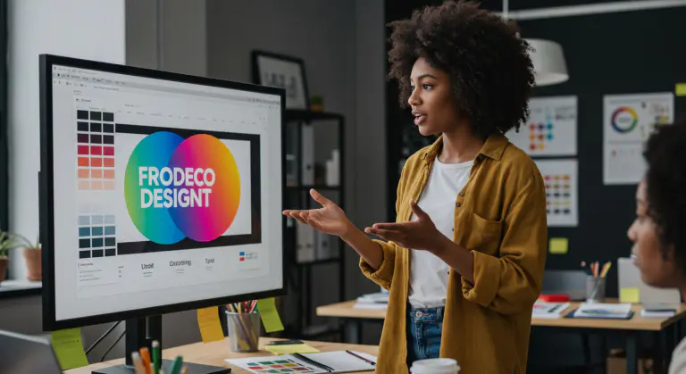 Mulher designer confiante apresentando logo colorido e marcante em tela grande, em estúdio moderno, com livros de branding e amostras de tipografia ao fundo, iluminado por luz suave