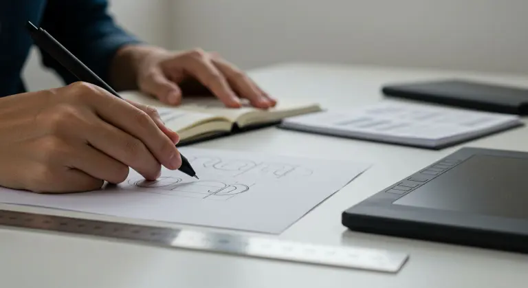 close-up de designer desenhando esboços de logo em papel vegetal, com régua metálica e tablet de desenho ao fundo desfocado