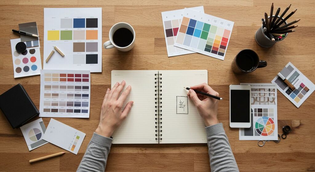 Designer profissional fazendo esboços em caderno, com mood boards, paletas de cores e palavras-chave da marca espalhadas sobre a mesa, em ambiente moderno com luz natural