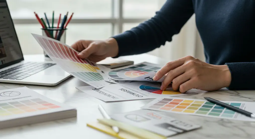 Designer gráfico em um espaço de trabalho moderno escolhendo amostras de cores vibrantes e tipografia sobre uma mesa de mármore, close-up diagonal frontal com luz natural, mãos segurando paleta de cores e esboços vetoriais