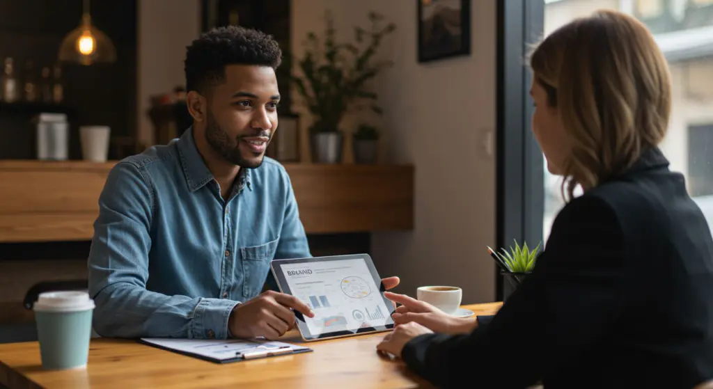 Empresária sorridente conversando com cliente em cafeteria aconchegante, mostrando apresentação da marca em tablet, ambiente iluminado pela luz natural, transmitindo confiança e empatia