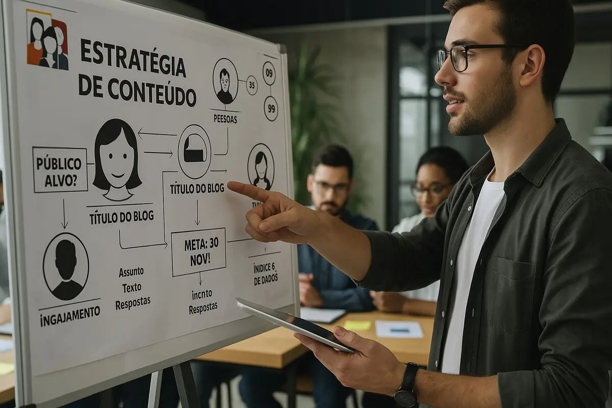 Profissional de marketing apontando para um quadro de estratégia de conteúdo digital com personas e ideias de engajamento em ambiente colaborativo.