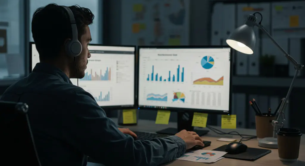 Estrategista focado analisando gráficos e indicadores de desempenho em dois monitores, com planilhas e anotações ao redor, usando fones de ouvido em escritório moderno e tecnológico