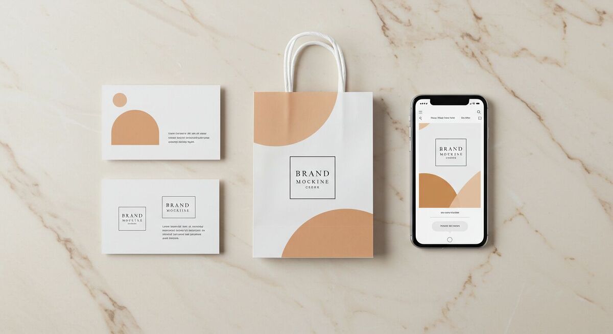 Flat lay em mármore claro com três mockups: cartão de visita com logo, embalagem de produto com padronagem de cores, e tela de smartphone mostrando site da marca