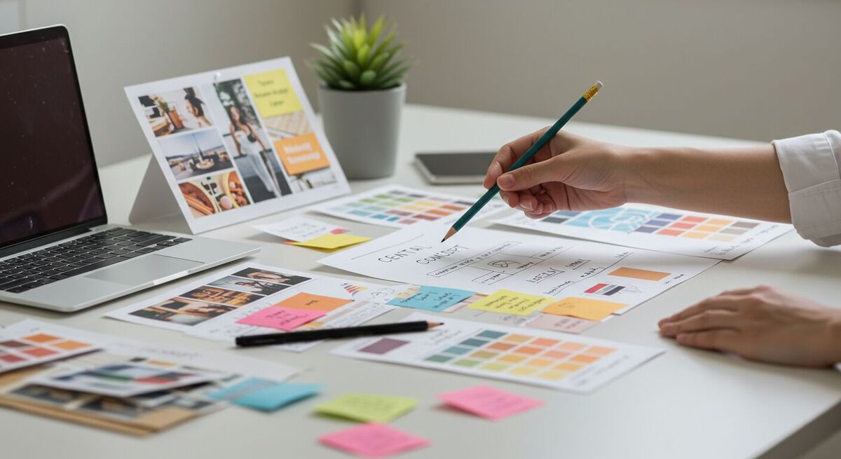 Moodboard minimalista sobre mesa branca com recortes de paleta de cores, amostras de tipografia e mão segurando lápis apontando para ideia central