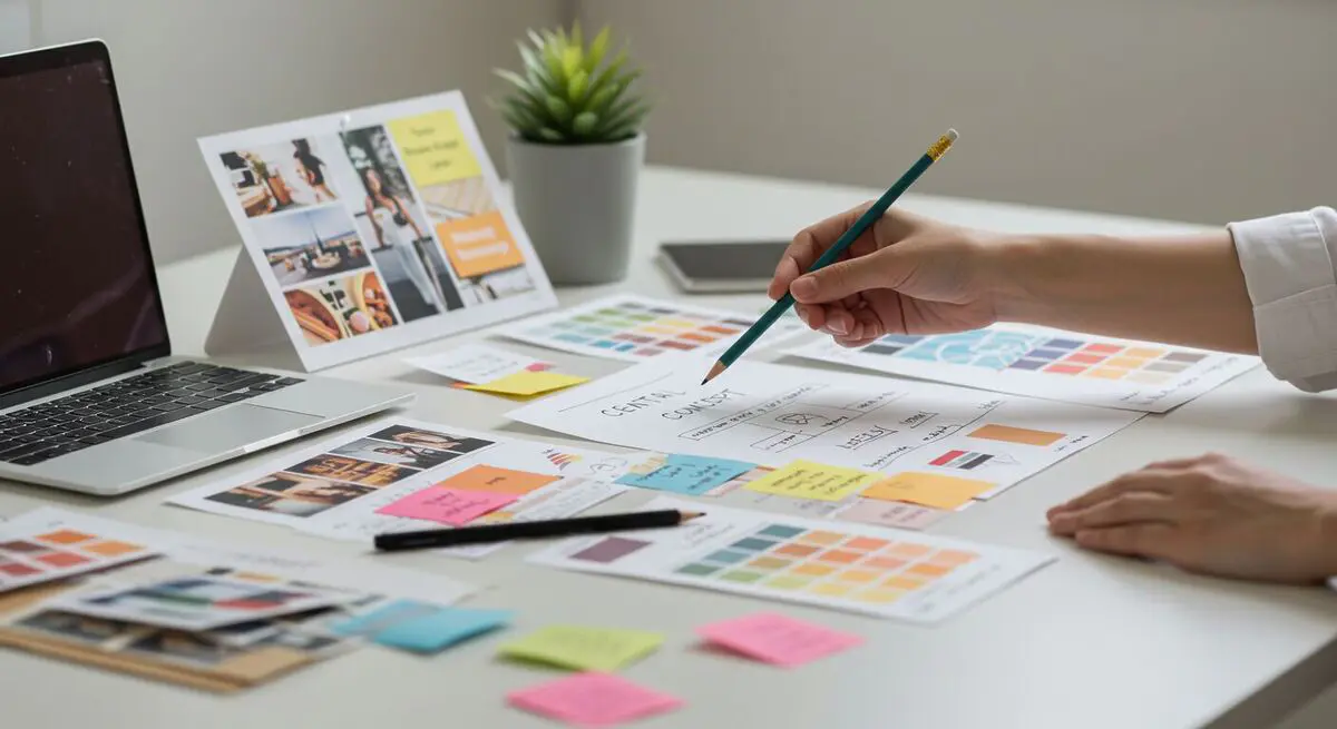 Moodboard minimalista sobre mesa branca com recortes de paleta de cores, amostras de tipografia e mão segurando lápis apontando para ideia central