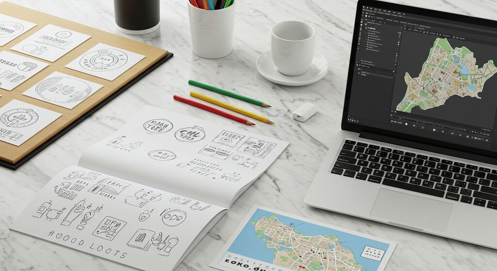 Visão aérea diagonal de uma mesa de designer: mood board com rascunhos de logo, manual de marca, lápis de cor, laptop com software vetorial aberto e um pequeno mapa de Belo Horizonte sobre fundo de mármore