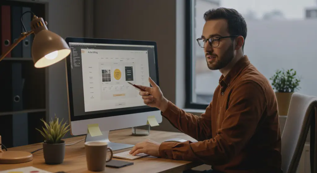 Designer web apresentando uma homepage elegante em um desktop, dentro de um escritório minimalista com iluminação suave e atmosfera acolhedora.