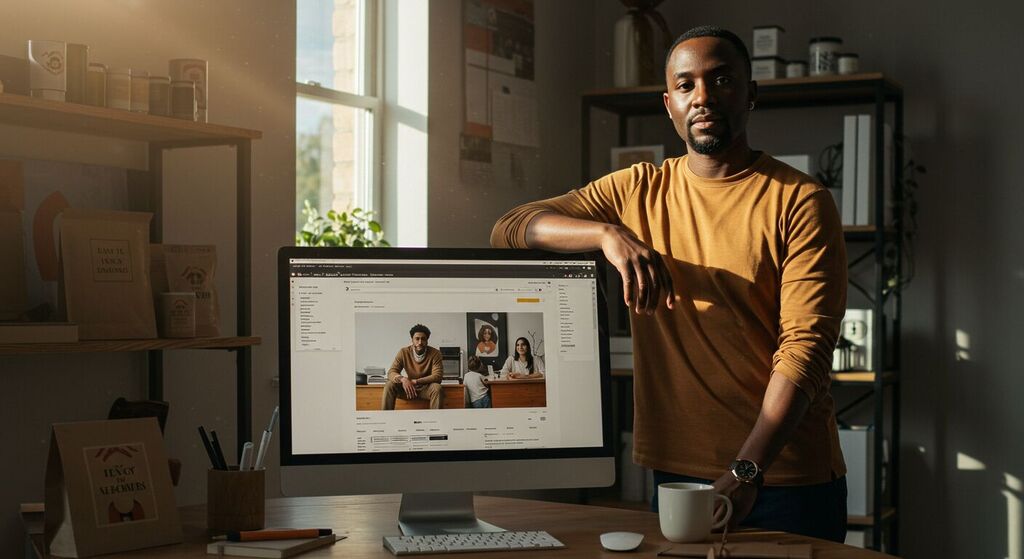 Empreendedor confiante ao lado de uma tela grande exibindo o site da sua marca, em estúdio moderno com luz natural e elementos de identidade visual ao fundo.