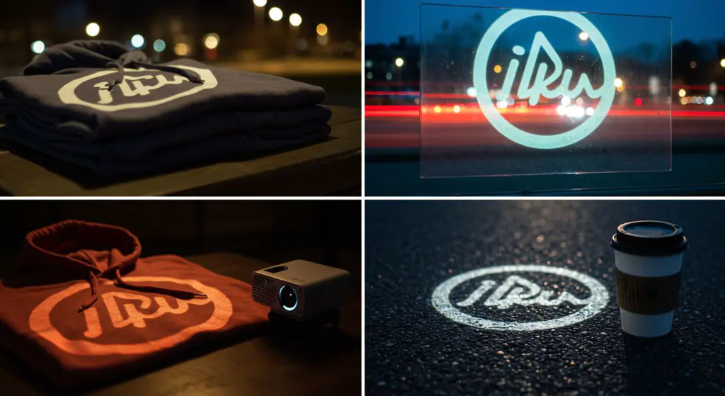 Logotipo sendo testado em diferentes superfícies e formatos, reforçando a consistência da identidade visual da marca.