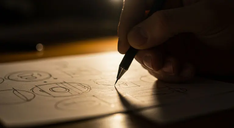 Designer esboçando ideias de logotipo à mão em mesa iluminada, representando o início da criação da identidade visual.