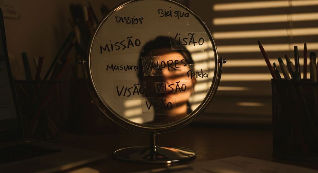 Reflexo em espelho com palavras-chave da marca escritas à mão, simbolizando o início do processo de branding e a descoberta da identidade visual