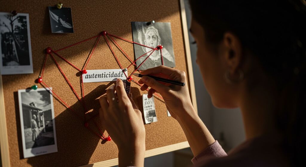 Profissional analisa painel de inspiração com valores de marca, etapa essencial na criação de logotipo profissional.