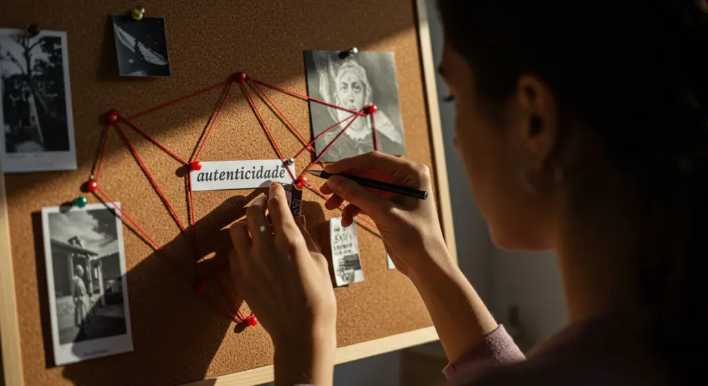 Profissional analisa painel de inspiração com valores de marca, etapa essencial na criação de logotipo profissional.