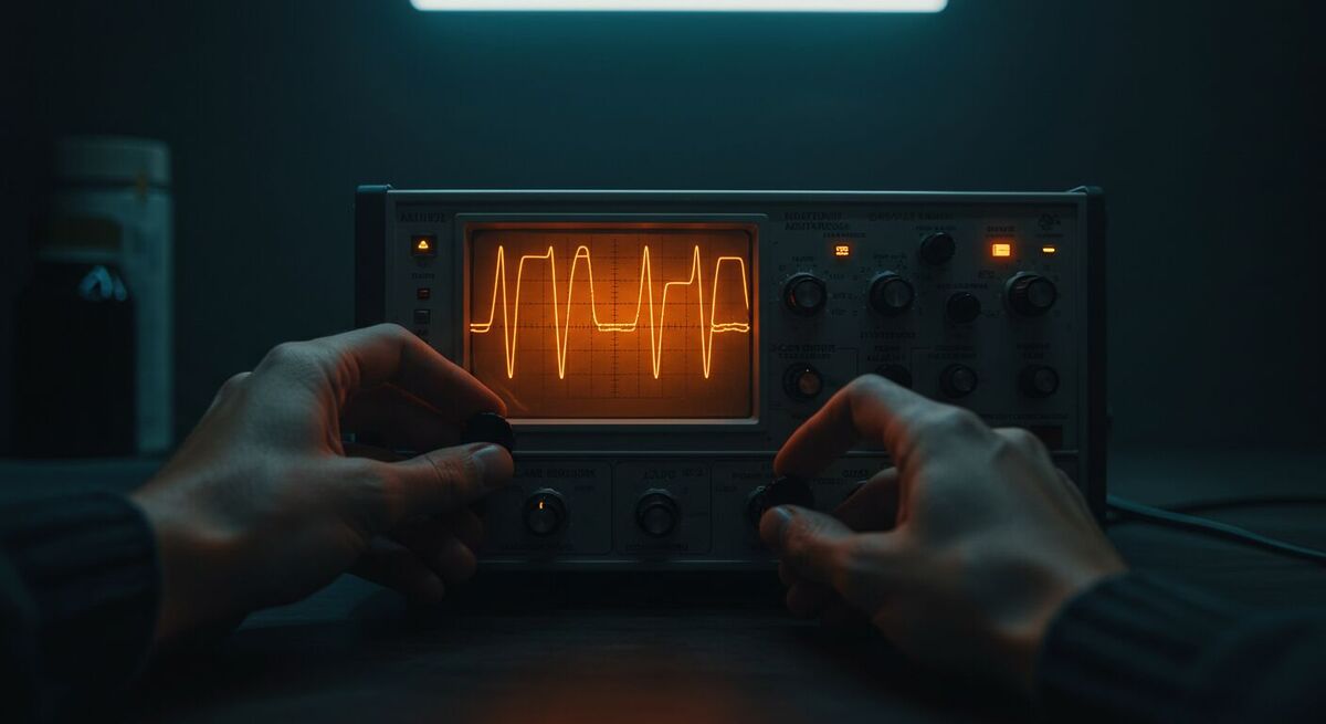 Mãos ajustando dial de equipamento vintage como metáfora para análise e ajuste estratégico no branding e identidade visual profissional