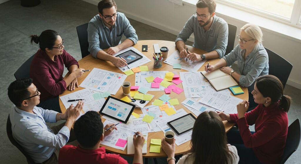 Equipe criativa analisa variações de logotipo em sessão de feedback, etapa crucial na construção de marca forte e coesa.