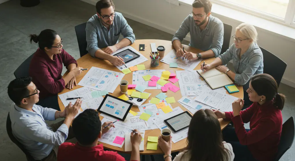 Equipe criativa analisa variações de logotipo em sessão de feedback, etapa crucial na construção de marca forte e coesa.