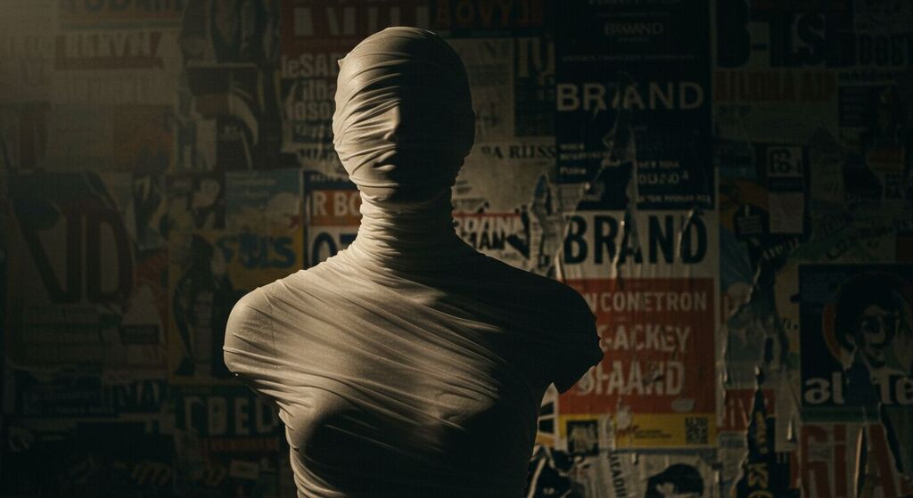 Manequim envolto em tecido transparente diante de mural com conceitos de branding, representando a construção de identidade visual e estratégias de marca